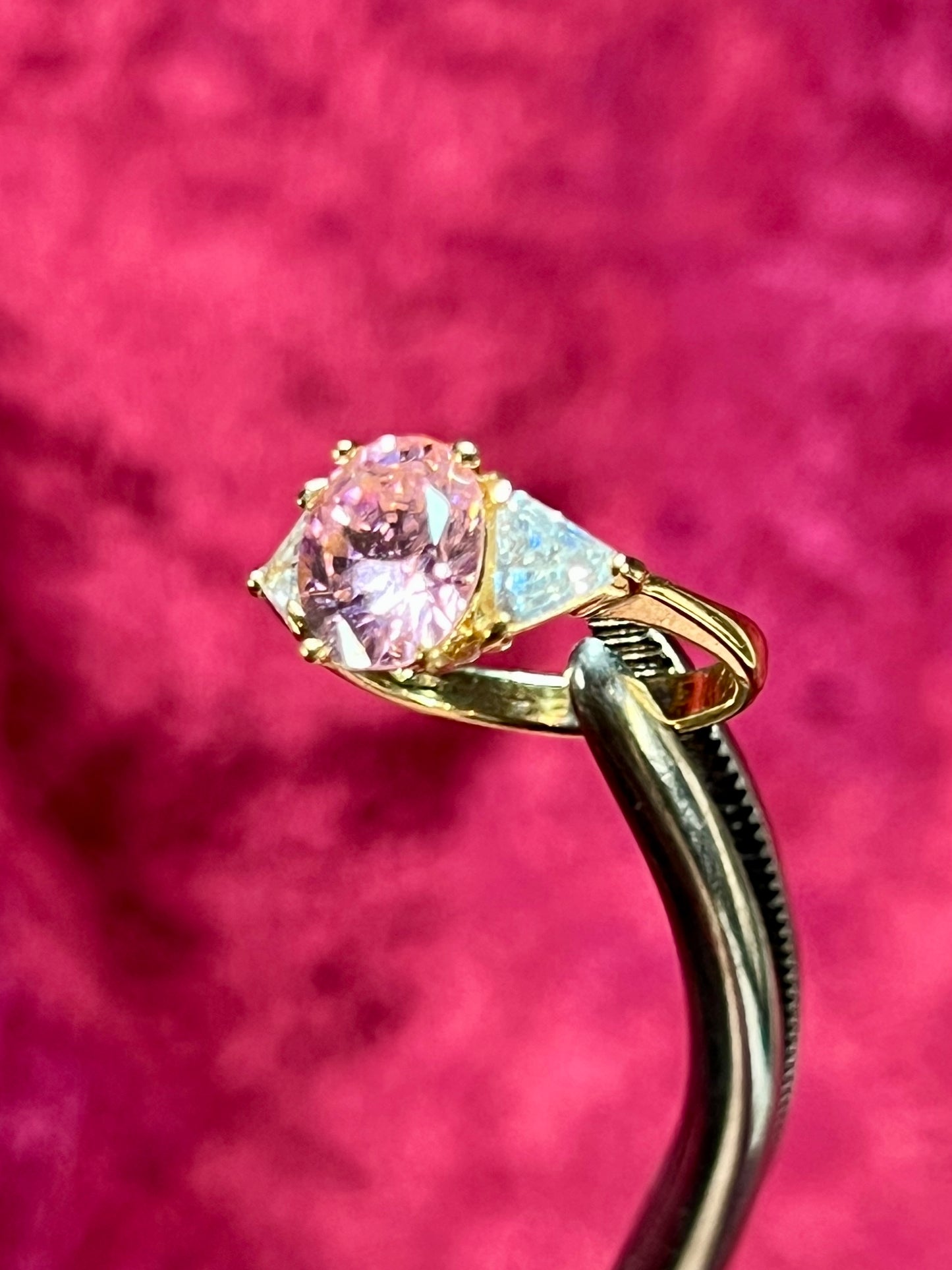 Vintage Gold Electroplate Sterling Cocktail Ring – Round Cut Pink and Clear Faceted Cubic Zirconia - Size 7