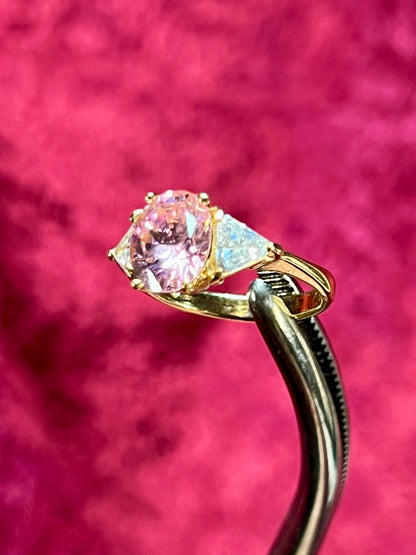 Vintage Gold Electroplate Sterling Cocktail Ring – Round Cut Pink and Clear Faceted Cubic Zirconia - Size 7