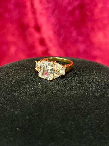 Vintage Gold Electroplate Sterling Cocktail Ring – Square Cut Clear Faceted Cubic Zirconia - Size 6.75