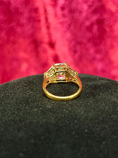 Vintage Gold Electroplate Sterling Cocktail Ring – Square Cut Clear Faceted Cubic Zirconia - Size 6.75