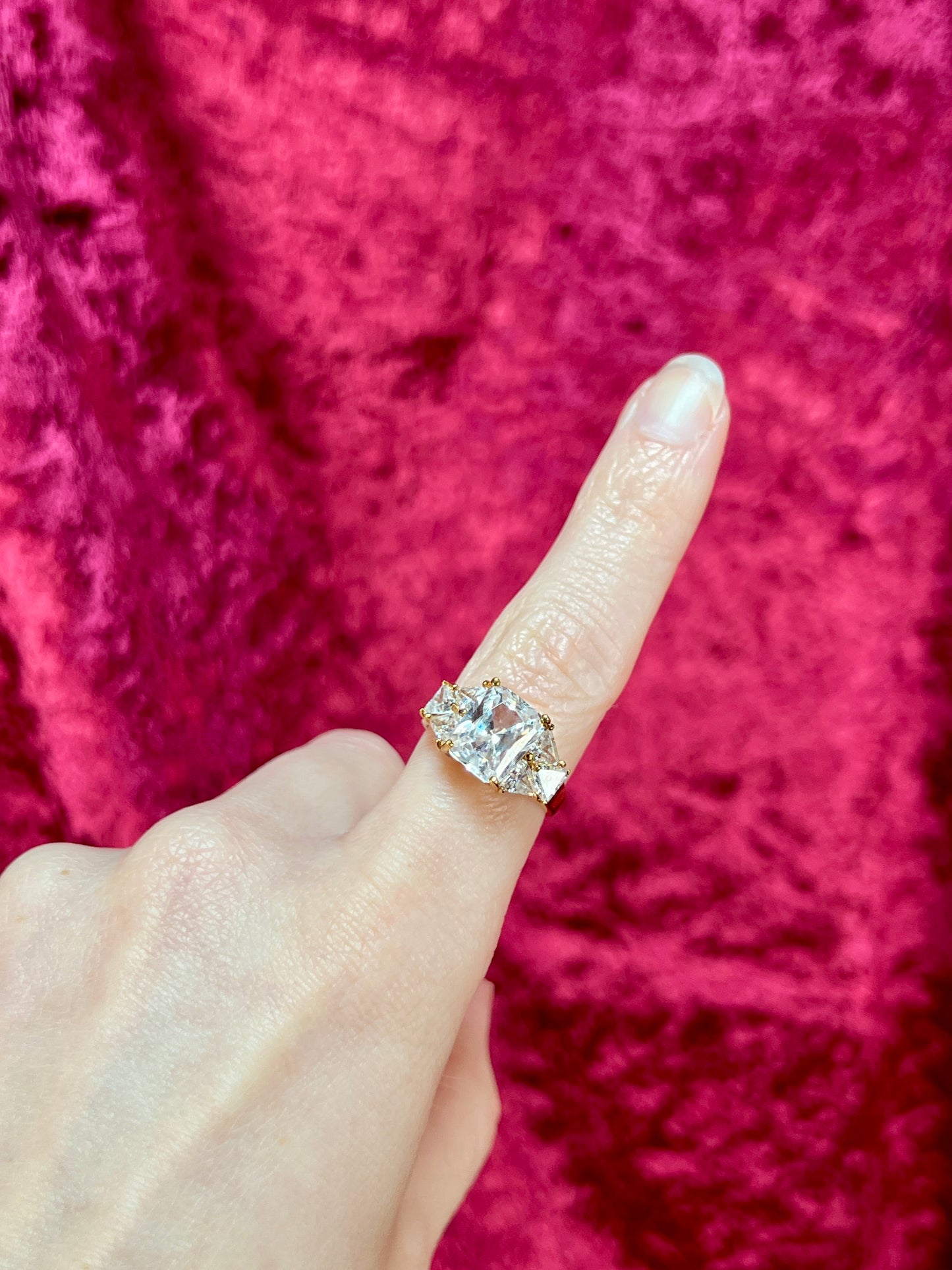 Vintage Gold Electroplate Sterling Cocktail Ring – Square Cut Clear Faceted Cubic Zirconia - Size 6.75