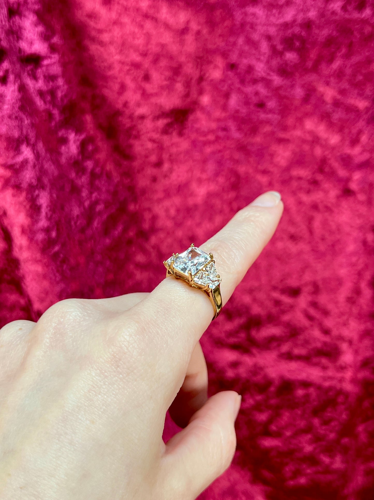 Vintage Gold Electroplate Sterling Cocktail Ring – Square Cut Clear Faceted Cubic Zirconia - Size 6.75