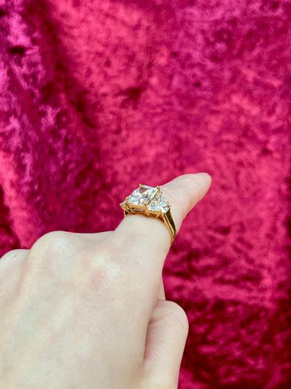 Vintage Gold Electroplate Sterling Cocktail Ring – Square Cut Clear Faceted Cubic Zirconia - Size 6.75