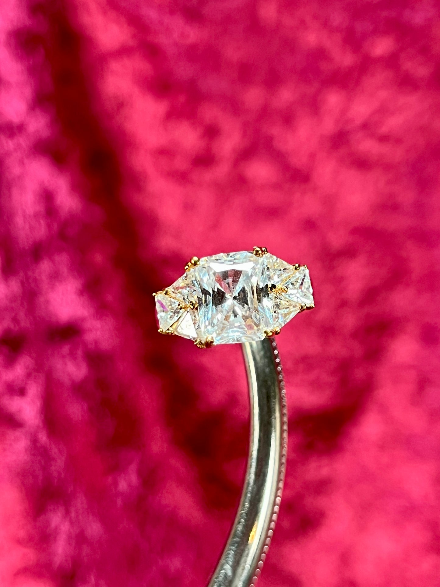 Vintage Gold Electroplate Sterling Cocktail Ring – Square Cut Clear Faceted Cubic Zirconia - Size 6.75