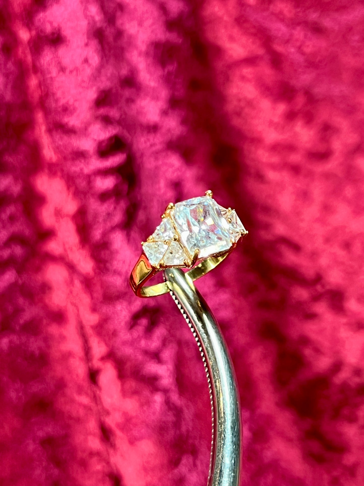 Vintage Gold Electroplate Sterling Cocktail Ring – Square Cut Clear Faceted Cubic Zirconia - Size 6.75