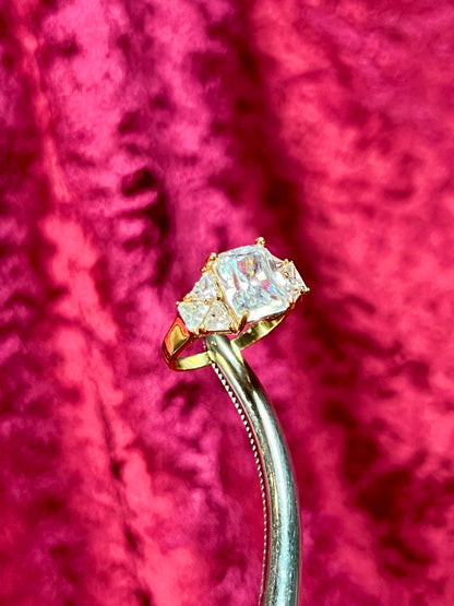Vintage Gold Electroplate Sterling Cocktail Ring – Square Cut Clear Faceted Cubic Zirconia - Size 6.75