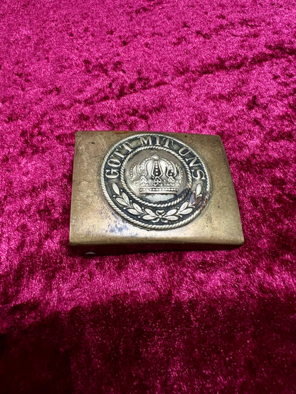Antique Brass Belt Buckle - WWI Prussian Imperial German Crown GOTT MIT UNS