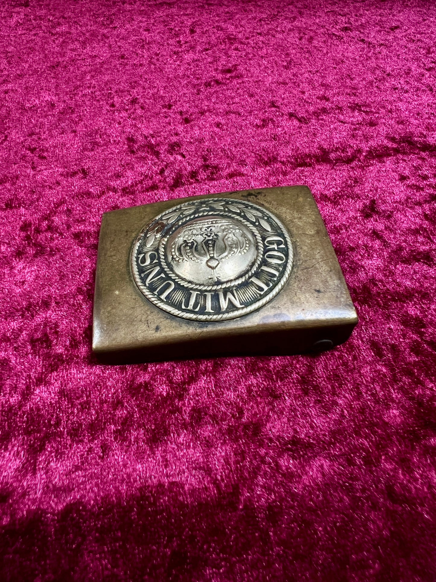 Antique Brass Belt Buckle - WWI Prussian Imperial German Crown GOTT MIT UNS