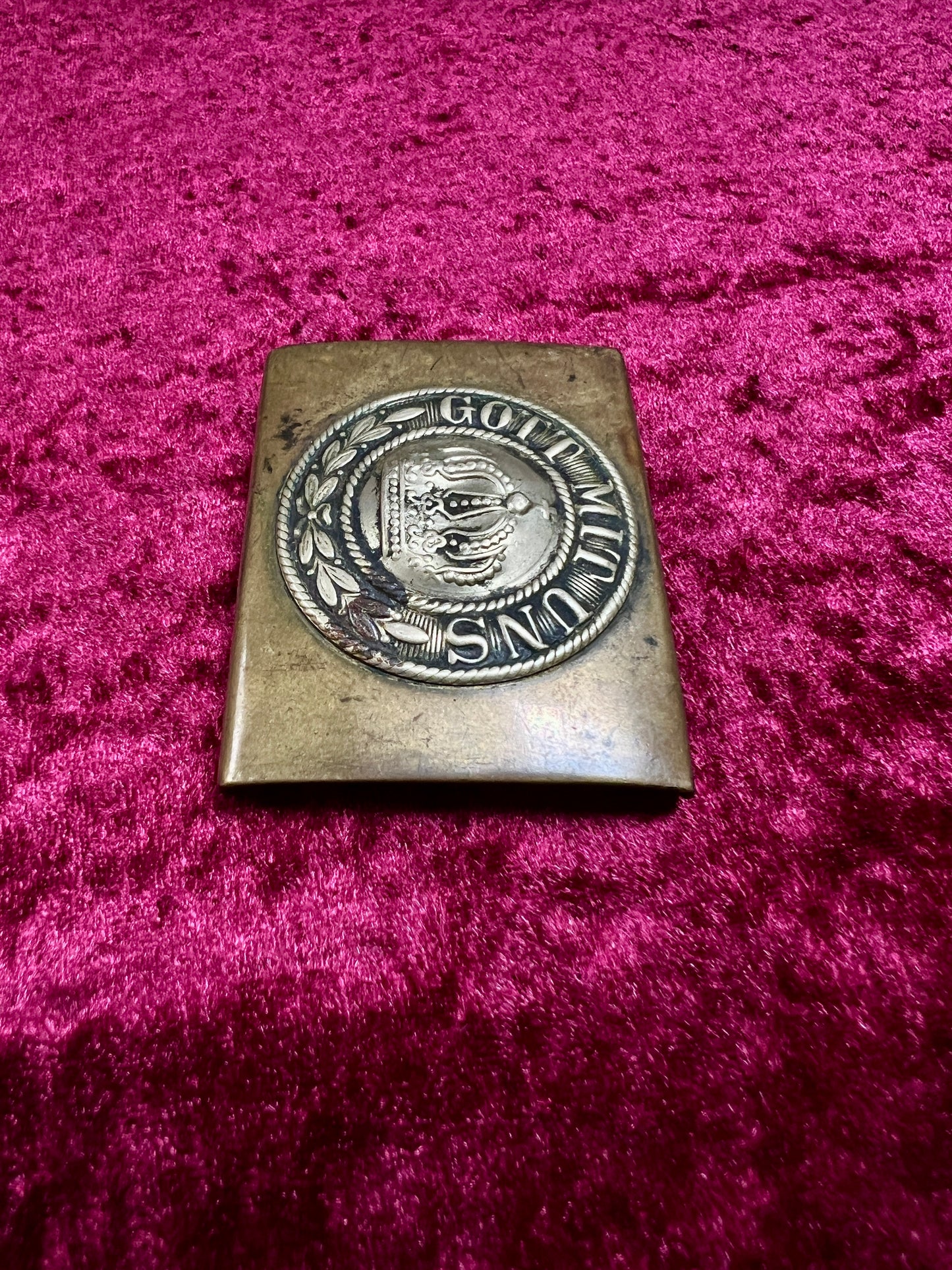Antique Brass Belt Buckle - WWI Prussian Imperial German Crown GOTT MIT UNS