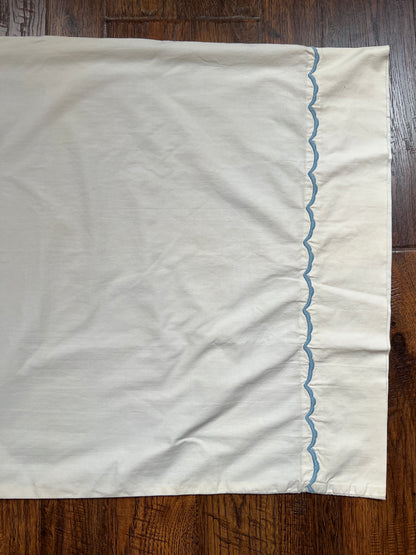 Vintage Linens - Single Embroidered Pillowcase - Baby Blue Scalloped Edge