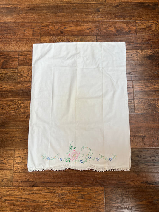 Vintage Linens - Single Embroidered Pillowcase - Blossoming Pink Flower On A Vine