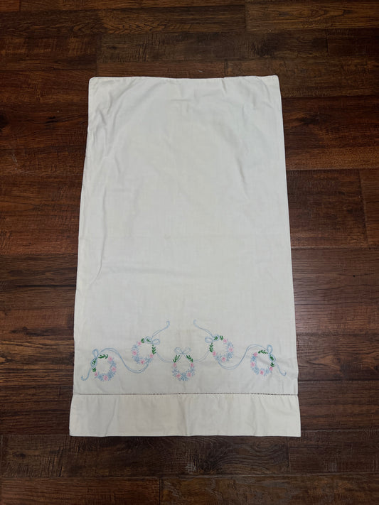 Vintage Linens - Single Embroidered Pillowcase - Blue and Pink Flower Rings