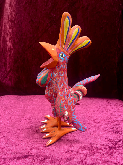 Vintage Carved Wood Red Rooster Figure - Hand Painted Alebrije Mexican Folk Art