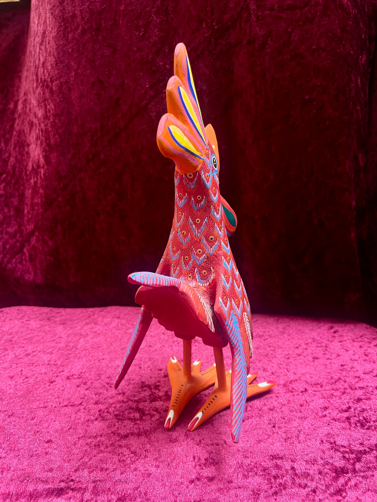 Vintage Carved Wood Red Rooster Figure - Hand Painted Alebrije Mexican Folk Art
