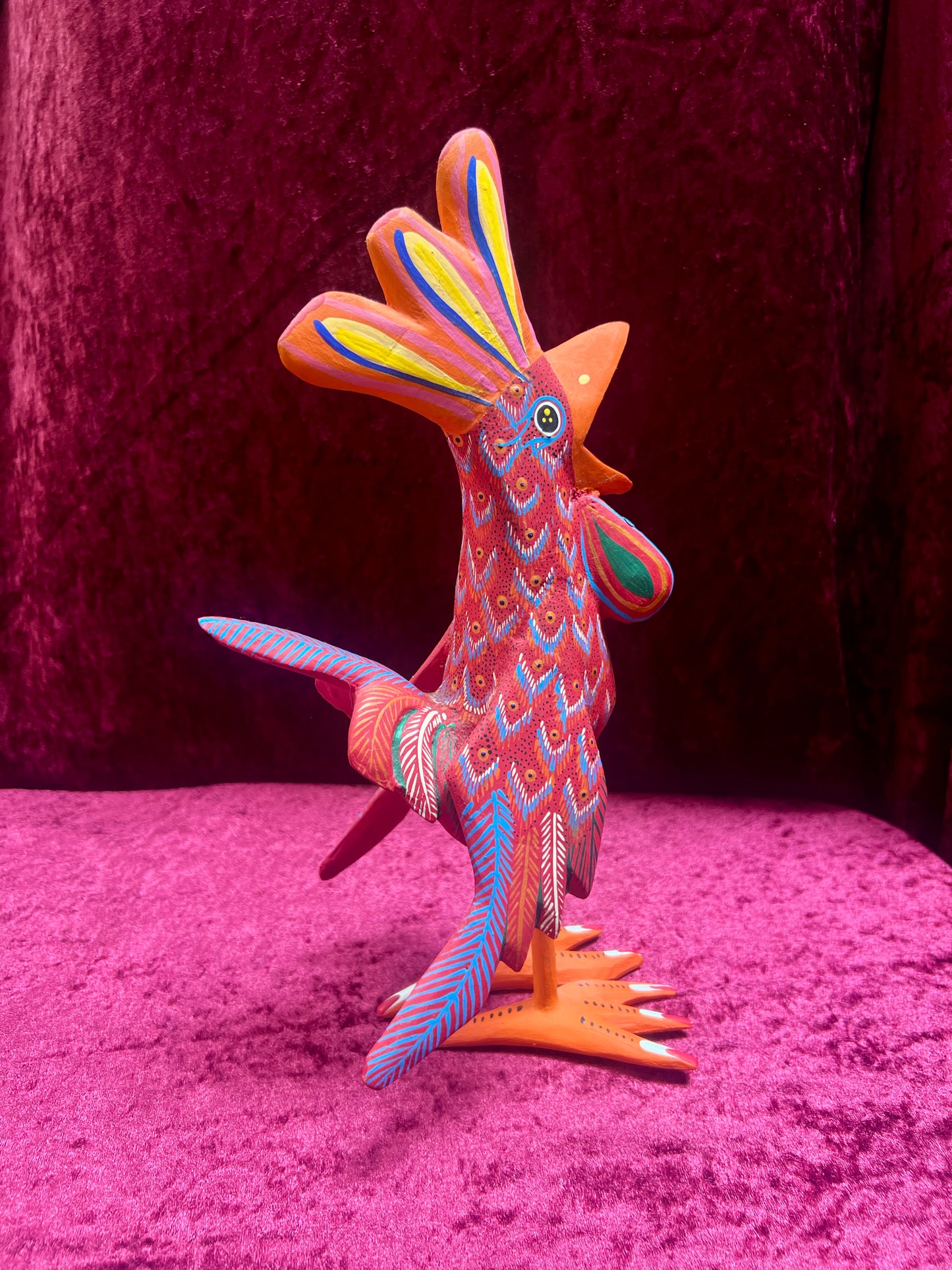 Vintage Carved Wood Red Rooster Figure - Hand Painted Alebrije Mexican Folk Art