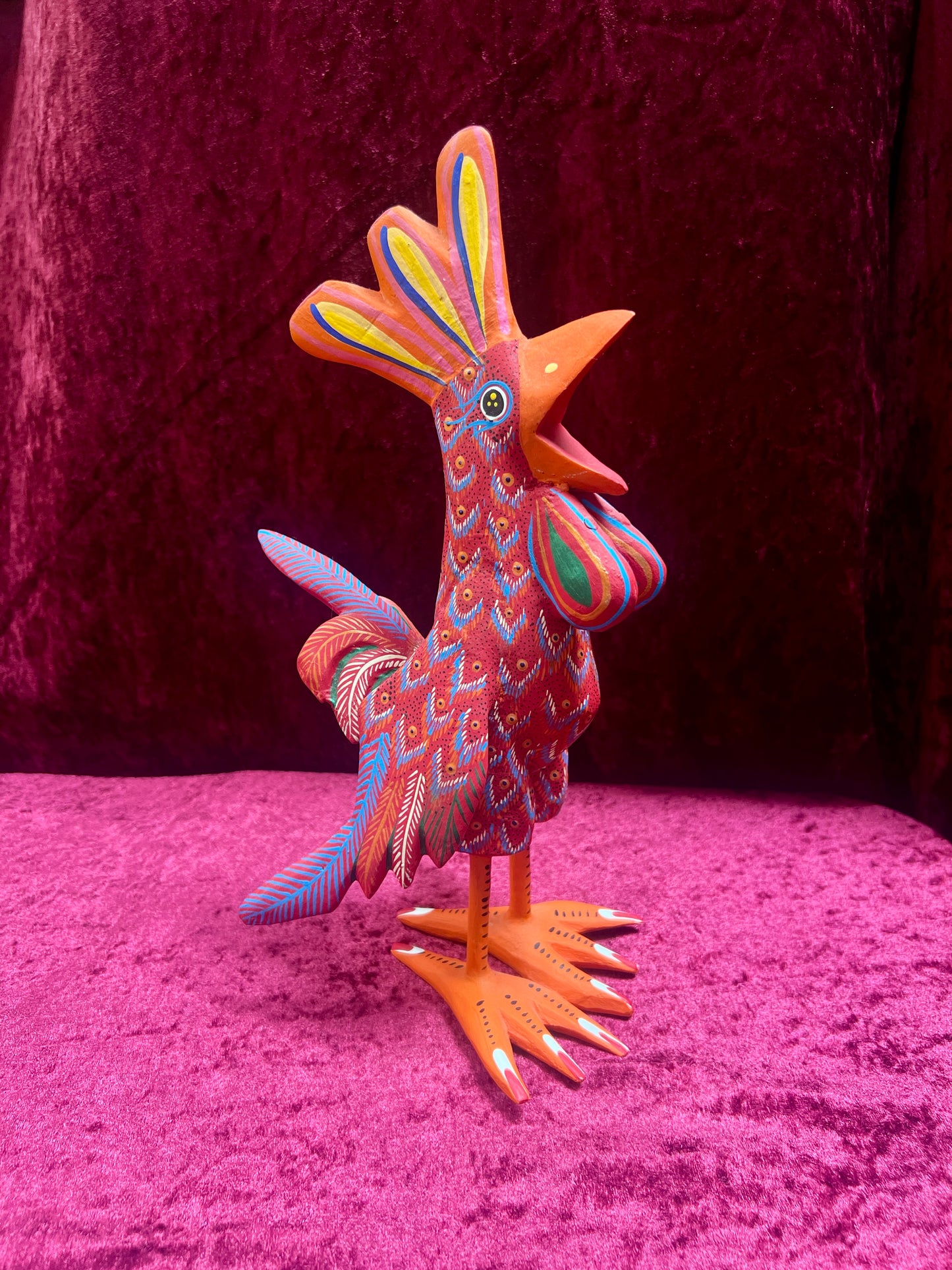 Vintage Carved Wood Red Rooster Figure - Hand Painted Alebrije Mexican Folk Art