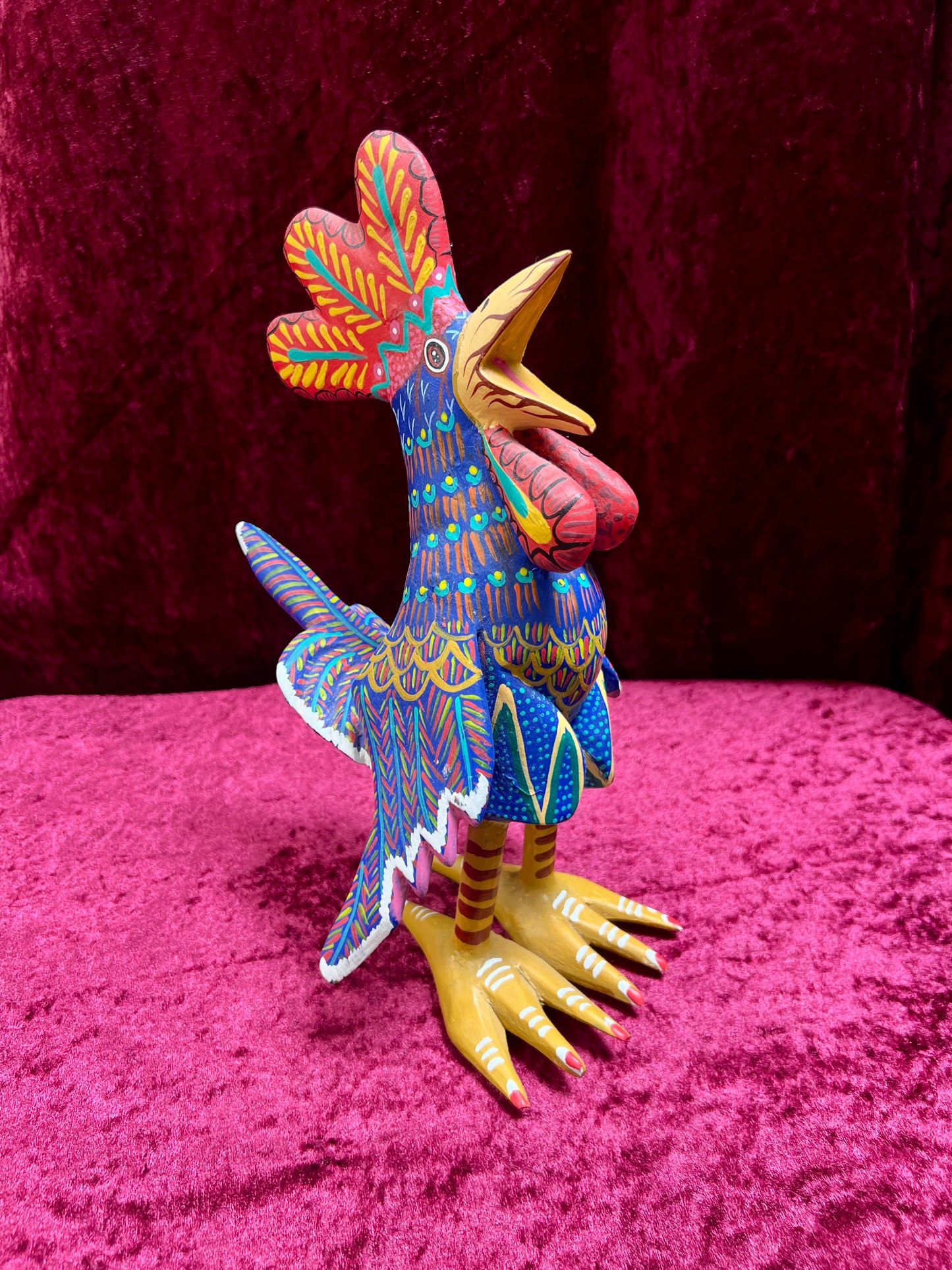 Vintage Carved Wood Blue Rooster Figure - Hand Painted Alebrije Mexican Folk Art