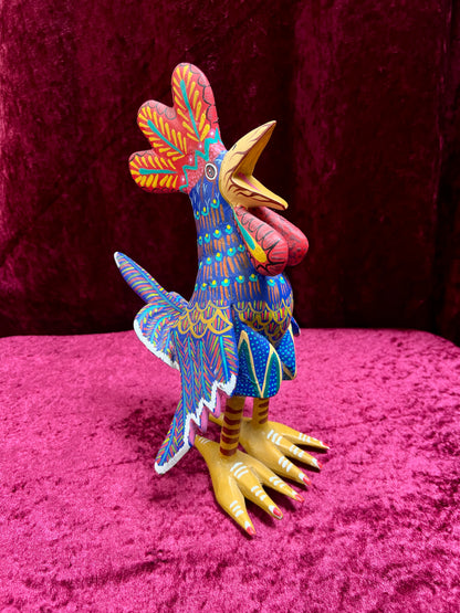 Vintage Carved Wood Blue Rooster Figure - Hand Painted Alebrije Mexican Folk Art