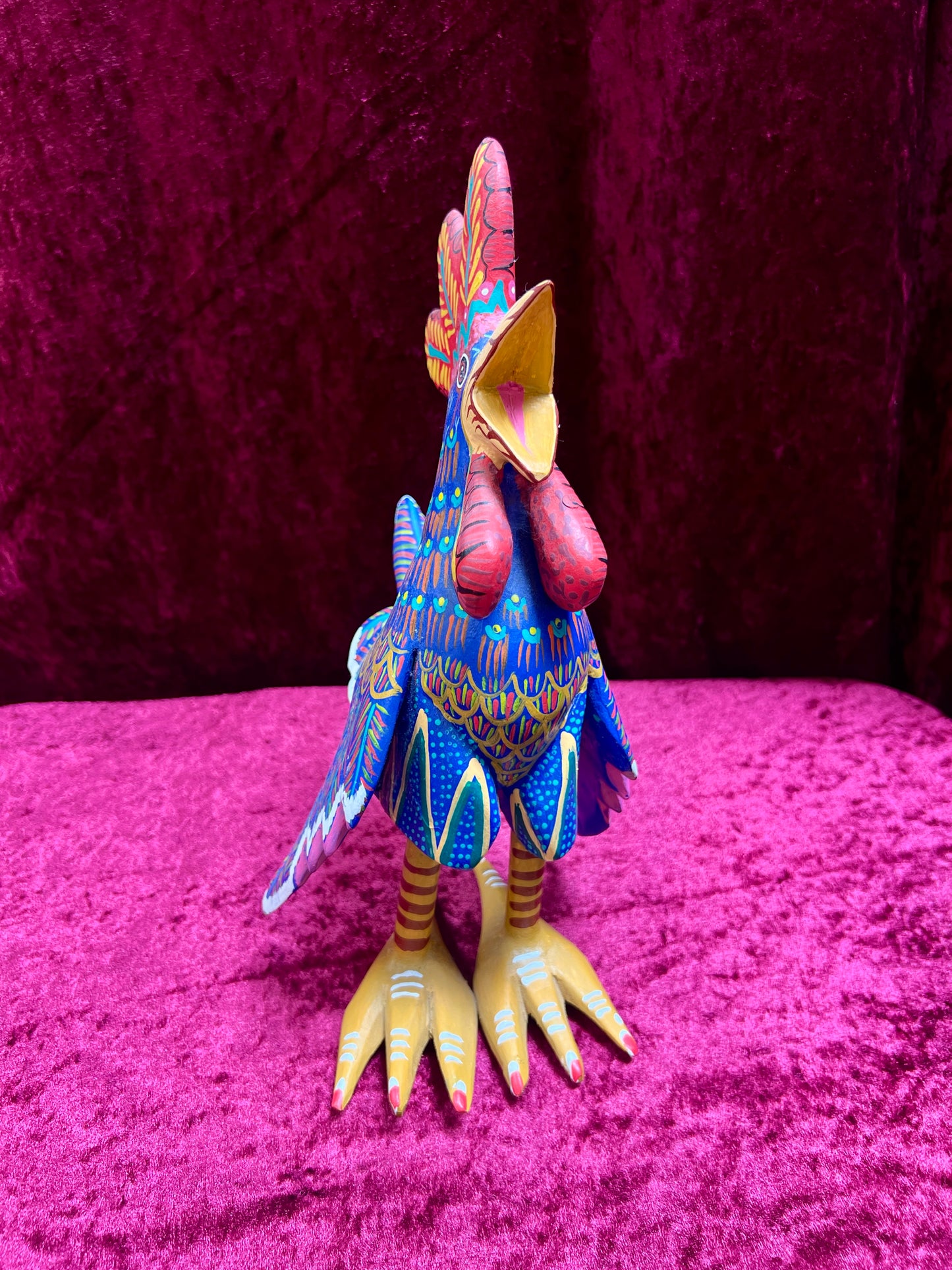 Vintage Carved Wood Blue Rooster Figure - Hand Painted Alebrije Mexican Folk Art
