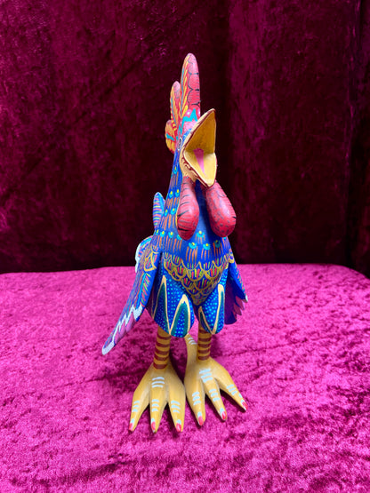 Vintage Carved Wood Blue Rooster Figure - Hand Painted Alebrije Mexican Folk Art