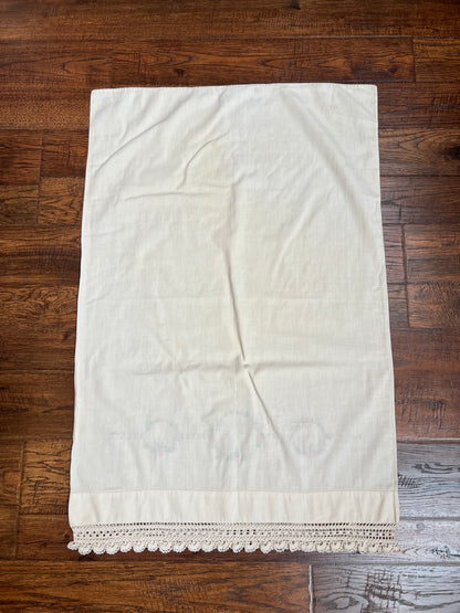 Vintage Linens - Pair of Embroidered Pillowcases - Pink & Blue Flower Crowns - Lace Trim