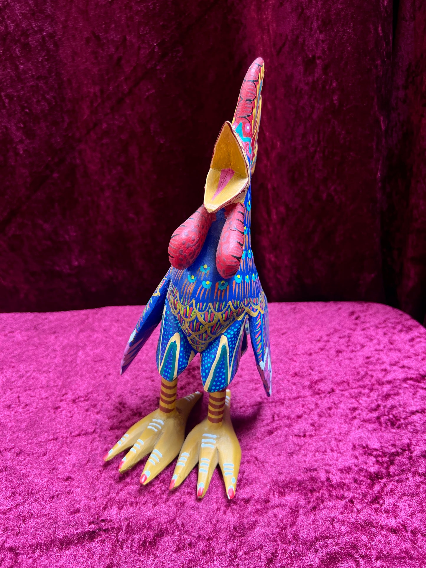 Vintage Carved Wood Blue Rooster Figure - Hand Painted Alebrije Mexican Folk Art