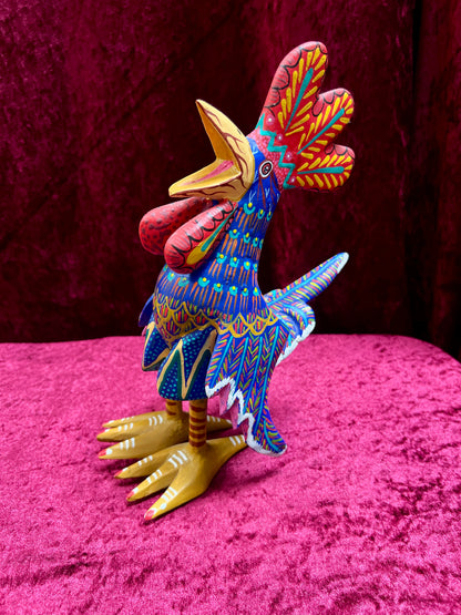 Vintage Carved Wood Blue Rooster Figure - Hand Painted Alebrije Mexican Folk Art