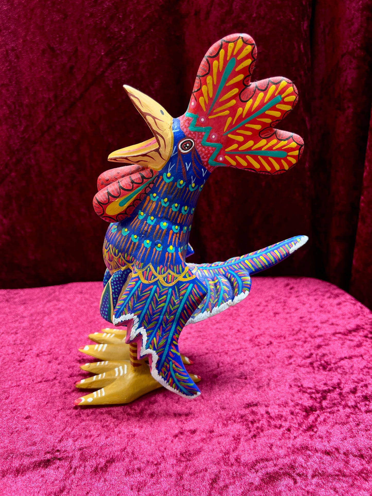 Vintage Carved Wood Blue Rooster Figure - Hand Painted Alebrije Mexican Folk Art