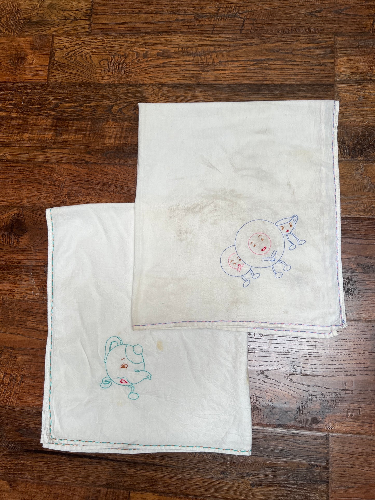 Vintage Linens - Pair of Tea Towels - Anthropomorphic Embroidery - Plates, Teacups, and Teapot