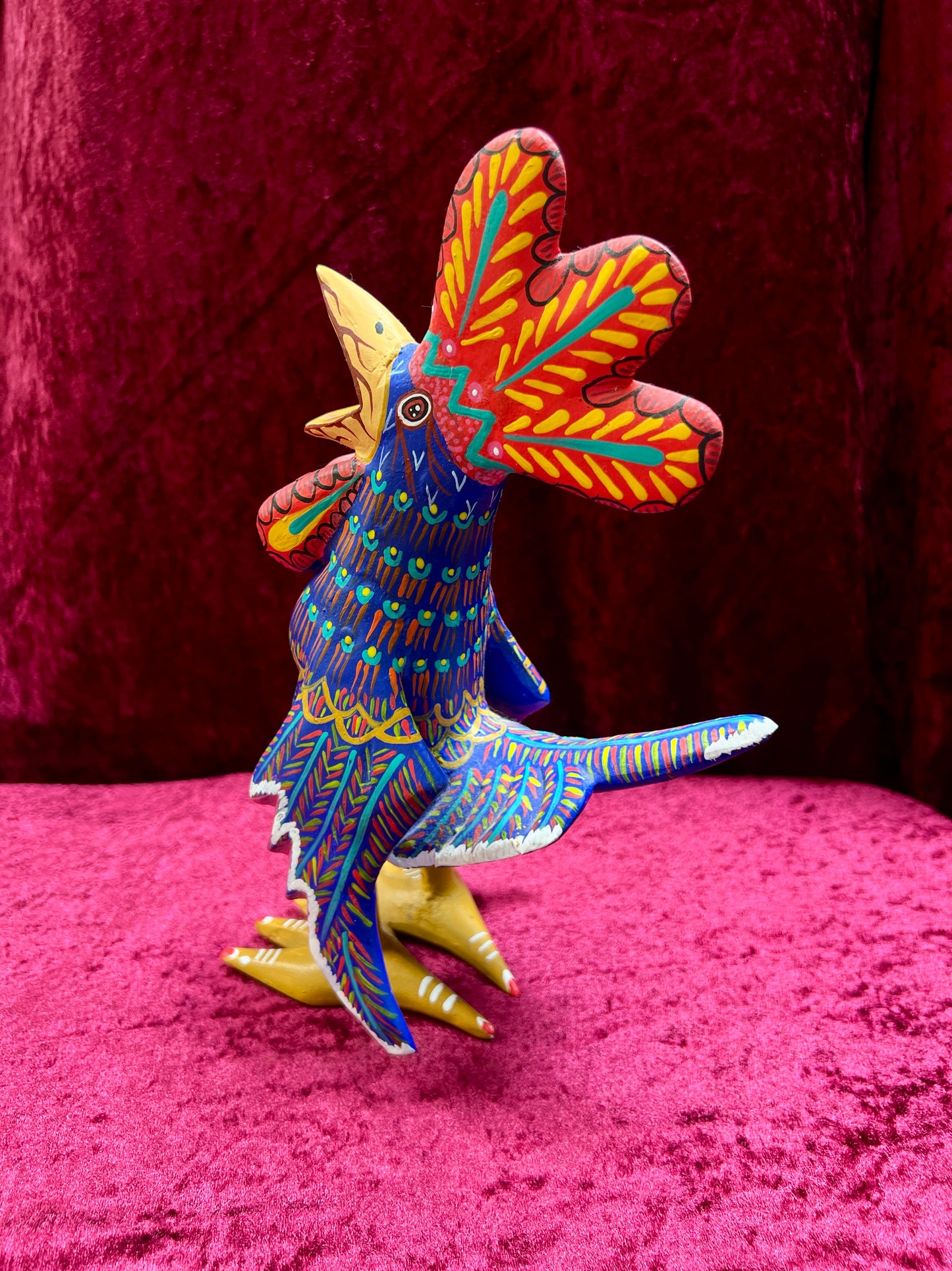 Vintage Carved Wood Blue Rooster Figure - Hand Painted Alebrije Mexican Folk Art