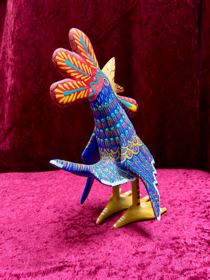 Vintage Carved Wood Blue Rooster Figure - Hand Painted Alebrije Mexican Folk Art