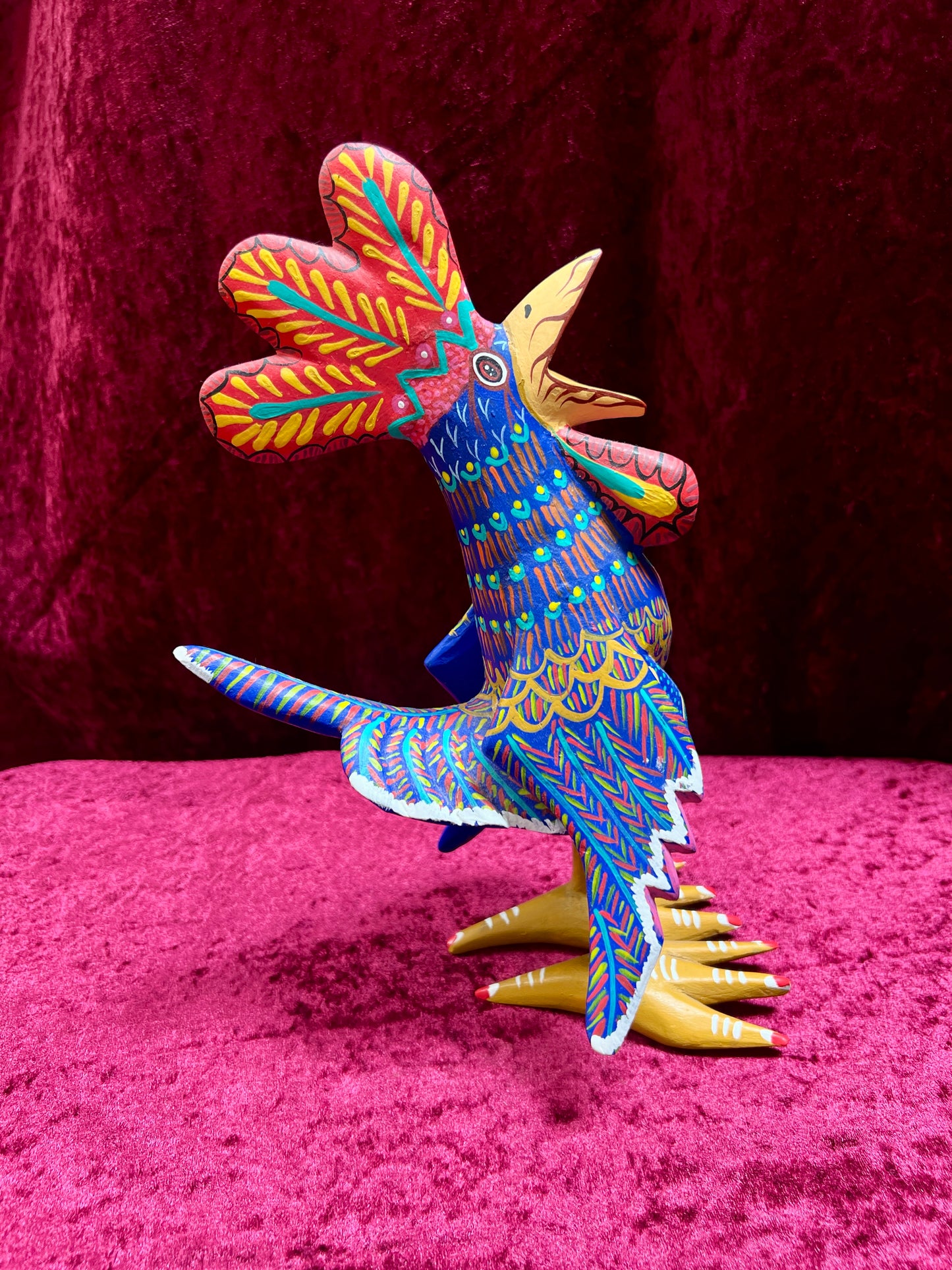 Vintage Carved Wood Blue Rooster Figure - Hand Painted Alebrije Mexican Folk Art