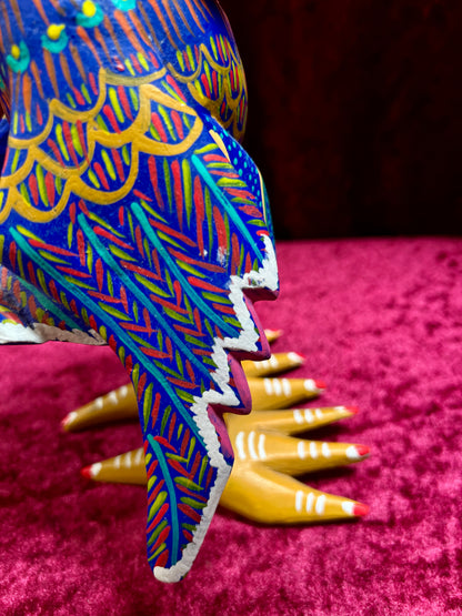 Vintage Carved Wood Blue Rooster Figure - Hand Painted Alebrije Mexican Folk Art