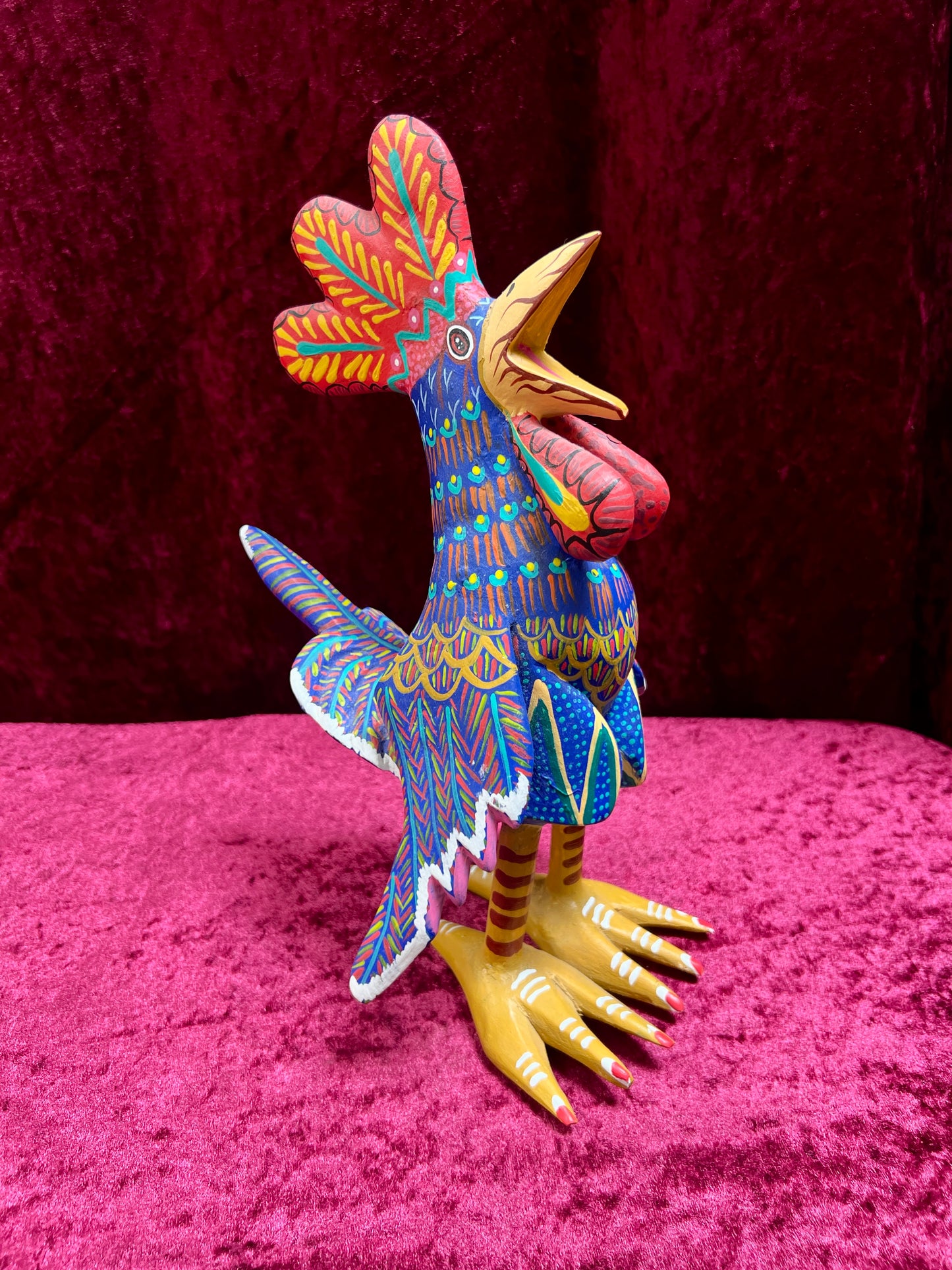 Vintage Carved Wood Blue Rooster Figure - Hand Painted Alebrije Mexican Folk Art