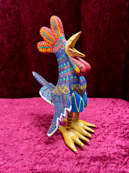 Vintage Carved Wood Blue Rooster Figure - Hand Painted Alebrije Mexican Folk Art