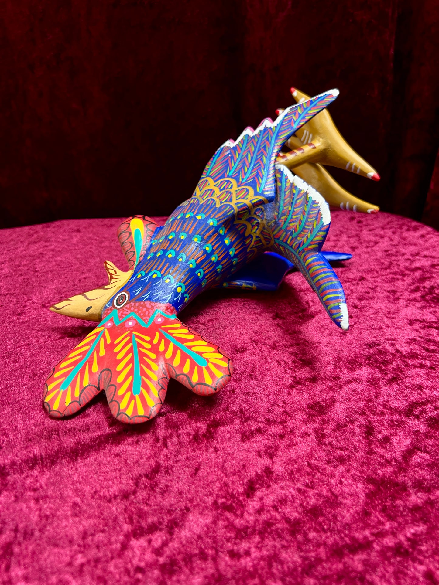 Vintage Carved Wood Blue Rooster Figure - Hand Painted Alebrije Mexican Folk Art