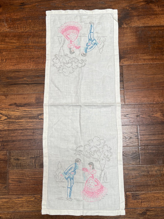 Vintage Linens - Embroidered Table Runner - Courting Lord and Lady