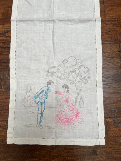 Vintage Linens - Embroidered Table Runner - Courting Lord and Lady