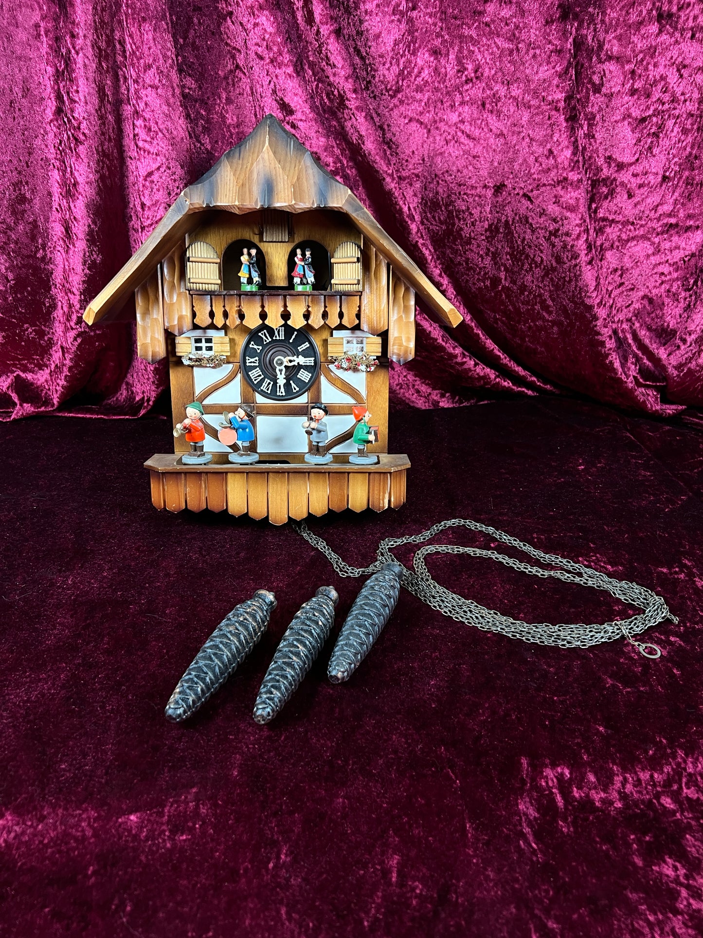 Vintage Musical and Mechanical German Cuckoo Clock with Pine Cone Weights - Viennese Waltz