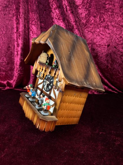 Vintage Musical and Mechanical German Cuckoo Clock with Pine Cone Weights - Viennese Waltz
