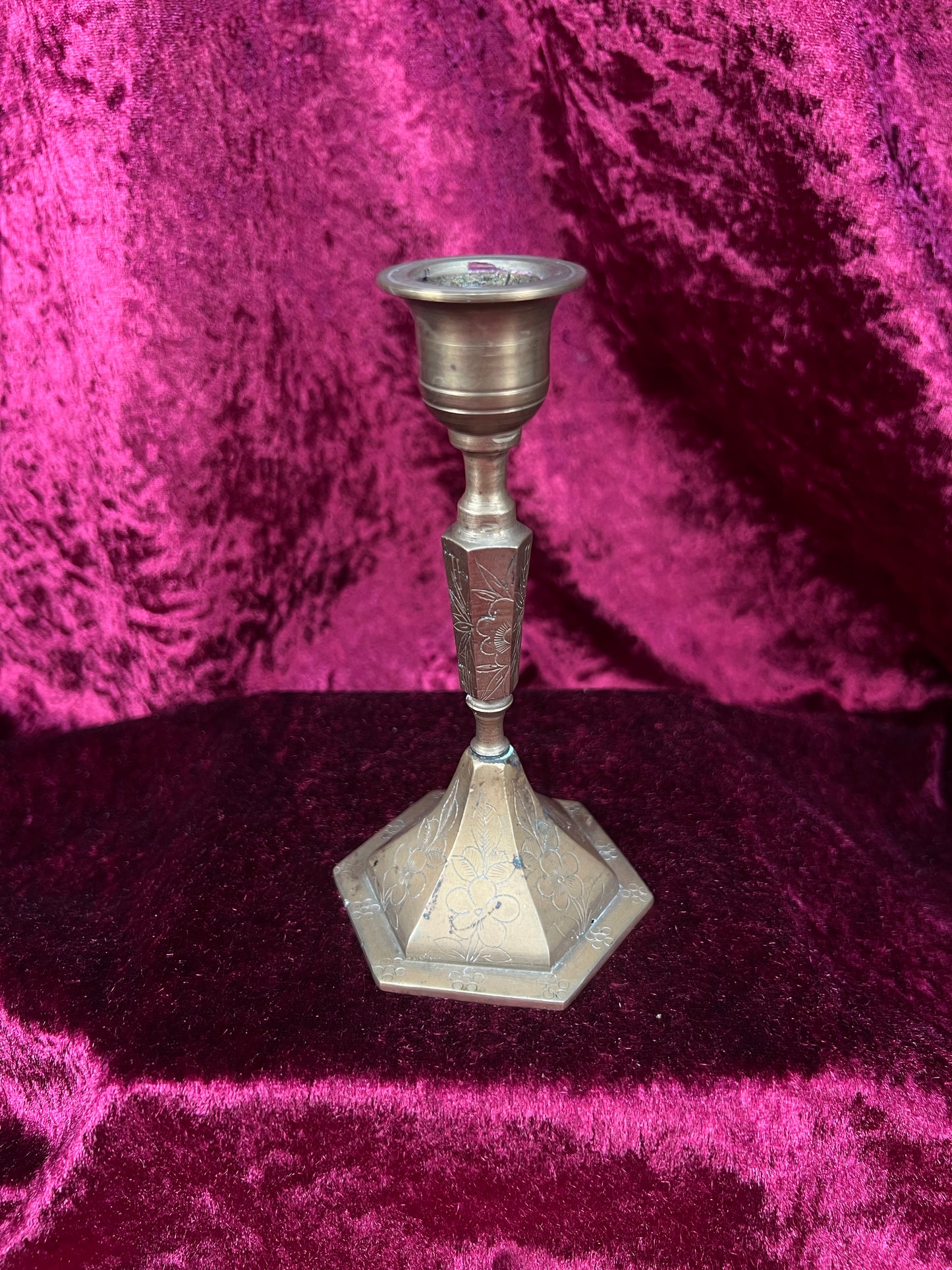Vintage Brass Candlestick Holders - Etched Floral Hexagonal Pair - 5.5"