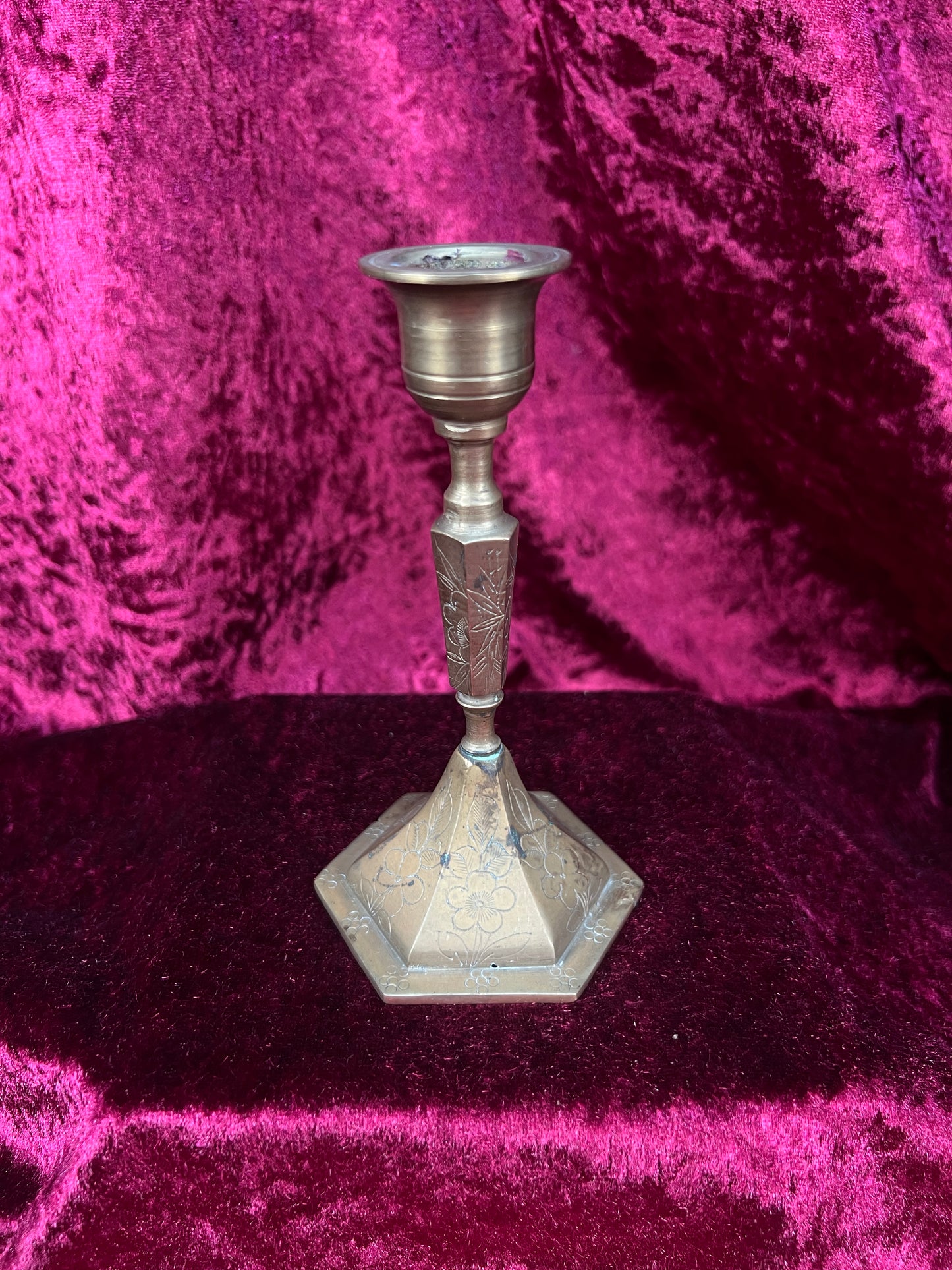 Vintage Brass Candlestick Holders - Etched Floral Hexagonal Pair - 5.5"