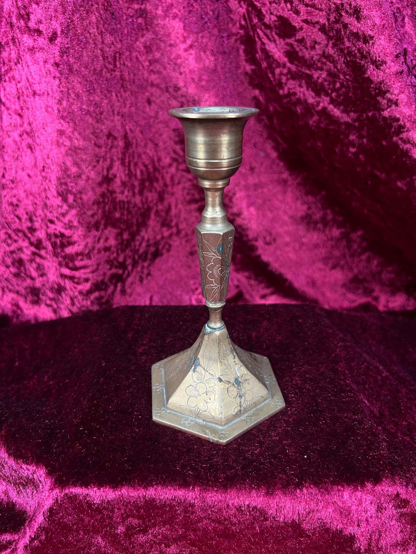 Vintage Brass Candlestick Holders - Etched Floral Hexagonal Pair - 5.5"