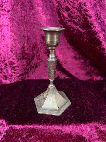 Vintage Brass Candlestick Holders - Etched Floral Hexagonal Pair - 5.5"