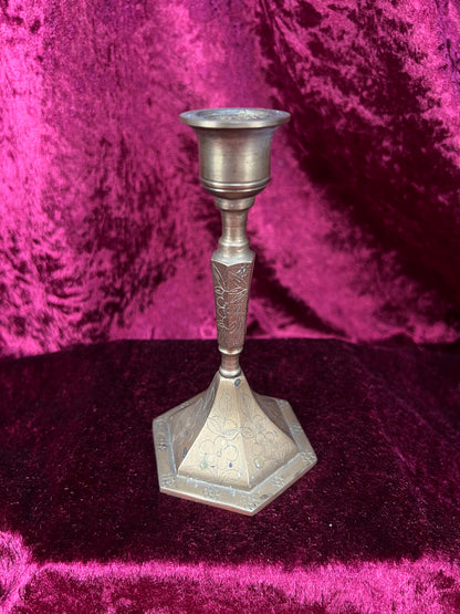 Vintage Brass Candlestick Holders - Etched Floral Hexagonal Pair - 5.5"