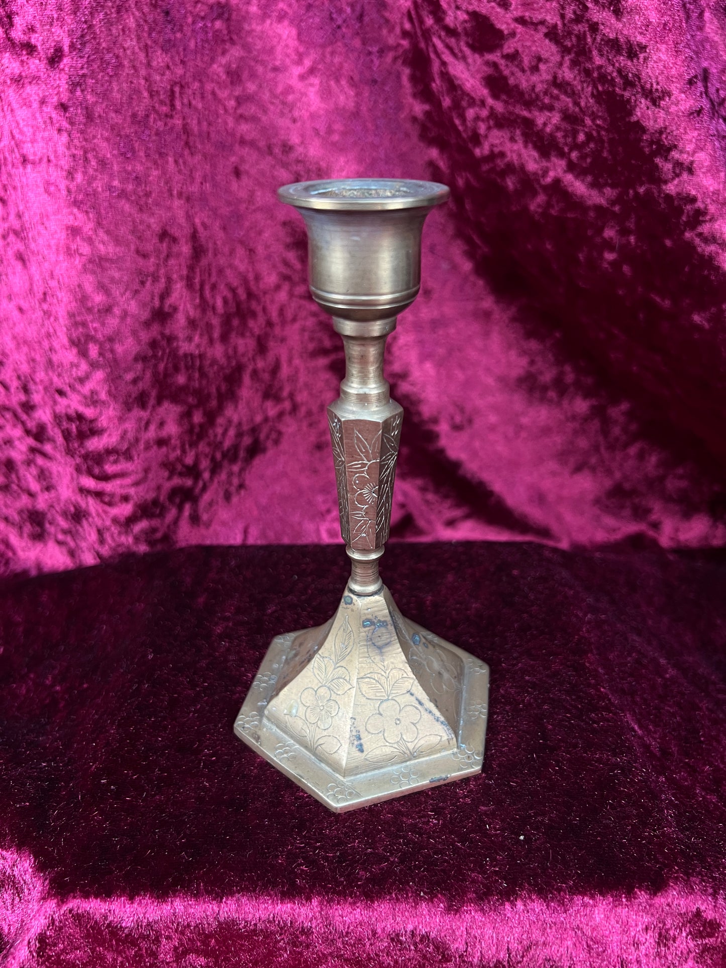Vintage Brass Candlestick Holders - Etched Floral Hexagonal Pair - 5.5"