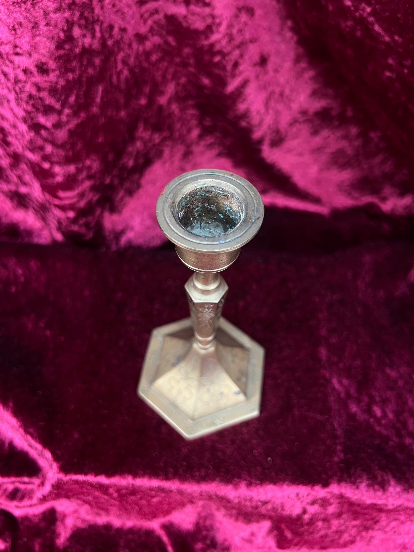 Vintage Brass Candlestick Holders - Etched Floral Hexagonal Pair - 5.5"