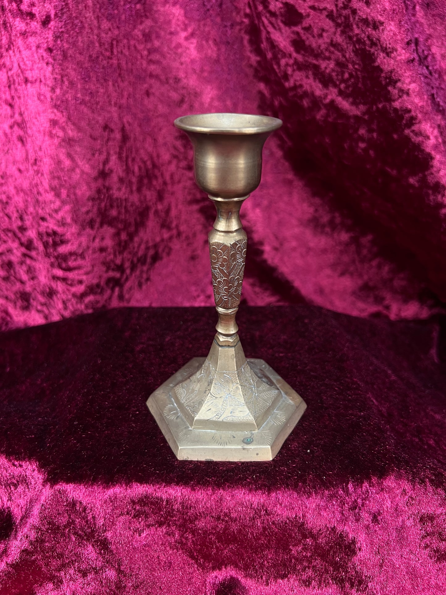 Vintage Brass Candlestick Holders - Etched Floral Hexagonal Pair - 5"