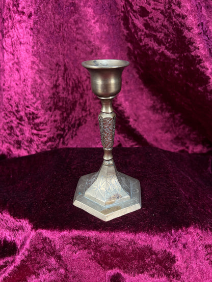 Vintage Brass Candlestick Holders - Etched Floral Hexagonal Pair - 5"