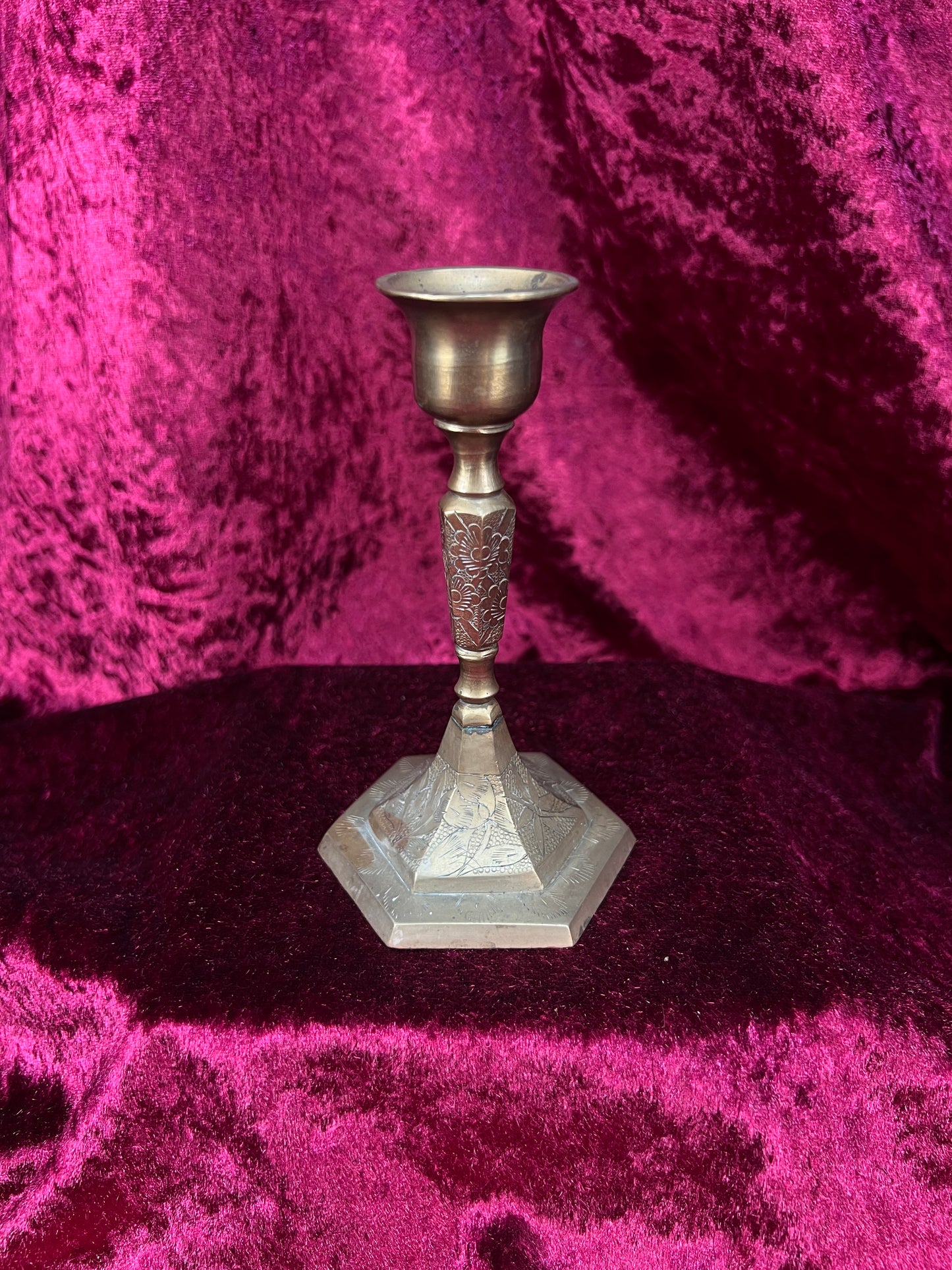 Vintage Brass Candlestick Holders - Etched Floral Hexagonal Pair - 5"